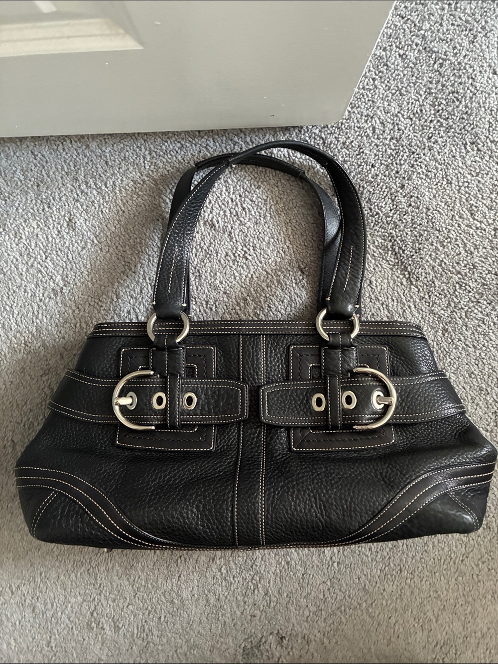 Coach Black Pebbled Leather Shoulder Bag with Silver Buckle Accents